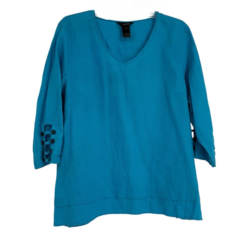 Ali Miles Top Womens Size Large Blue Linen 3/4 Sleeve W/cutouts Tunic V-neck